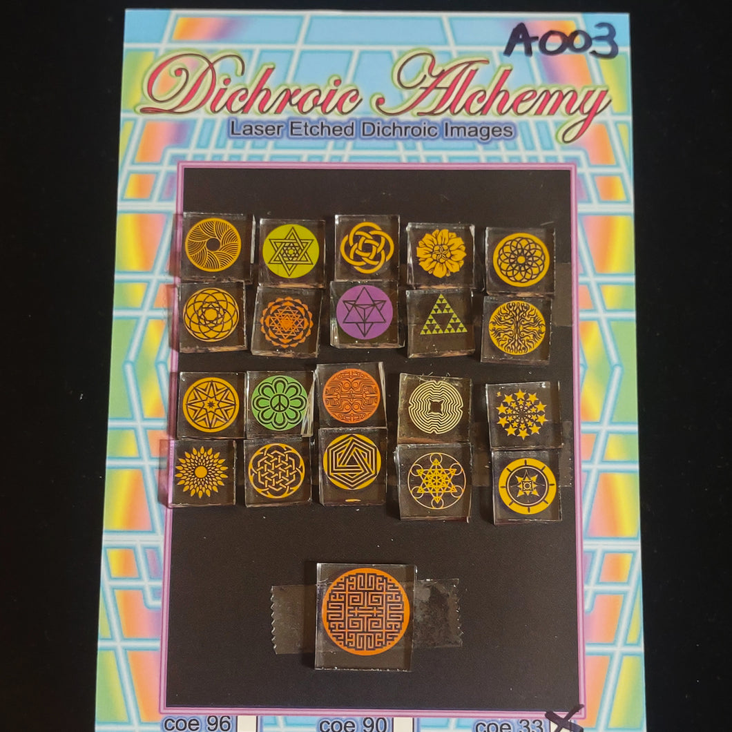 A003: Sacred and Radial Geometry. 1/2 inch Boroimage Themepack COE33 Laser Etched Images for Flameworking.