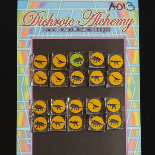 A013: Dinosaur Mix 1/2 inch Boroimage Themepack COE33 Laser Etched Images for Flameworking.