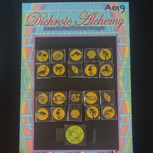 A019: Tropical and Aquatic Mix. 1/2 inch Boroimage Themepack COE33 Laser Etched Images for Flameworking