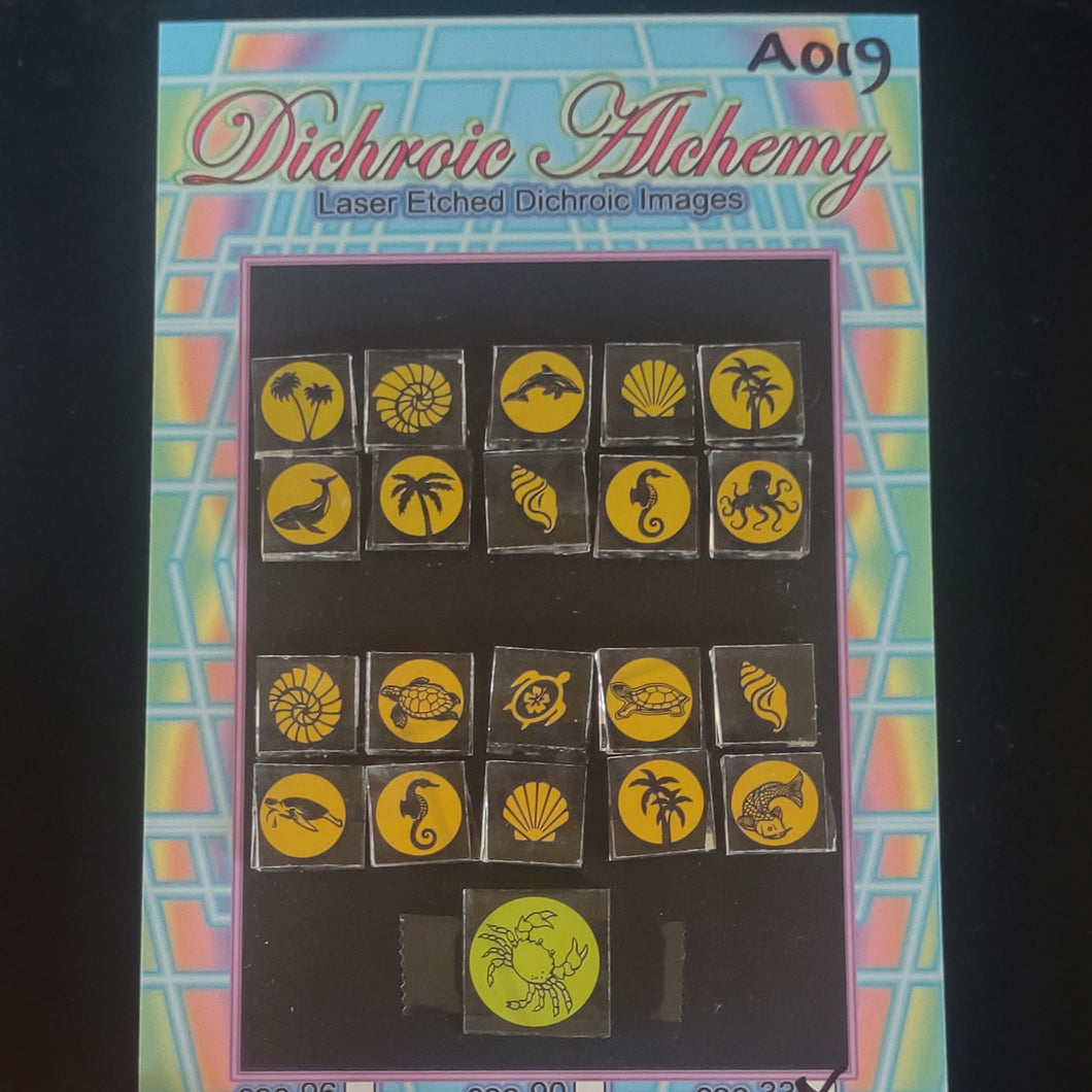 A019: Tropical and Aquatic Mix. 1/2 inch Boroimage Themepack COE33 Laser Etched Images for Flameworking