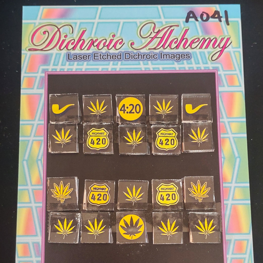A041: 420 Four Twenty Theme 1/2 inch Boroimage Themepack COE33 Laser Etched Images for Flameworking.