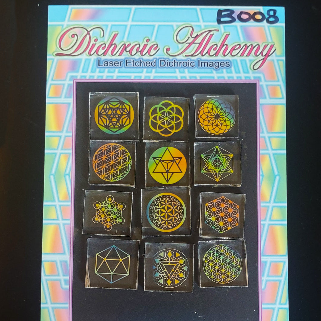 B008: Sacred Geometry Multicolor Mix : 3/4 inch Boroimage Themepack COE33 Laser Etched Images for Flameworking. (Copy)