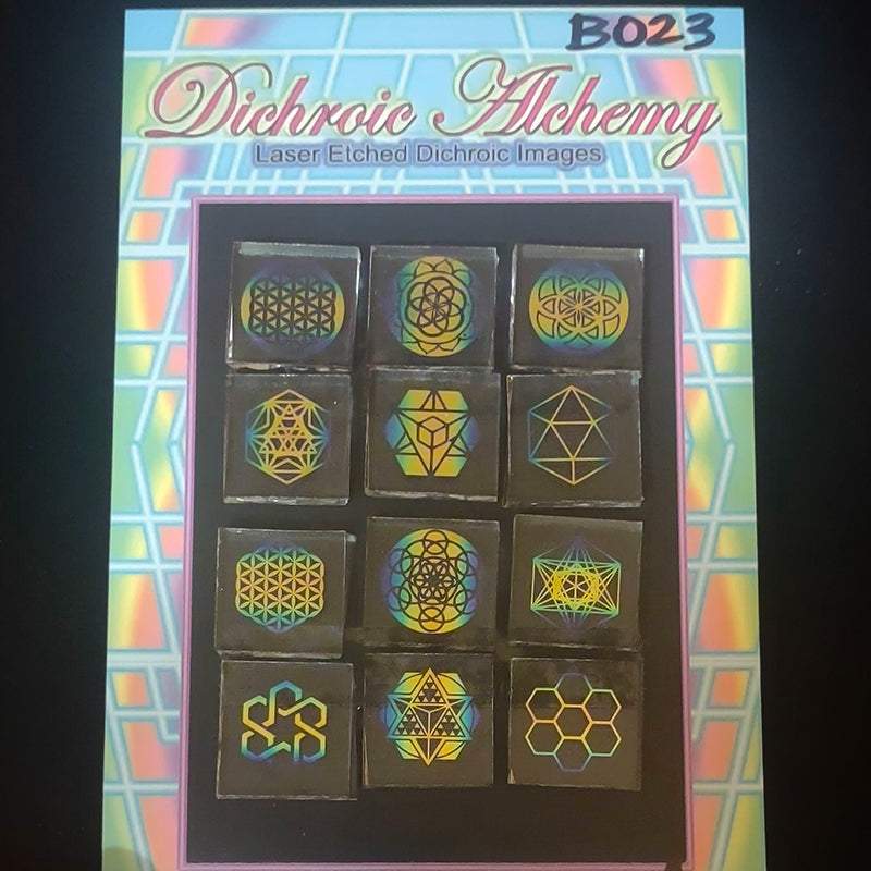 B023: Multicolor Sacred Geometry 3/4 inch Boroimage Themepack COE33 Laser Etched Images for Flameworking.