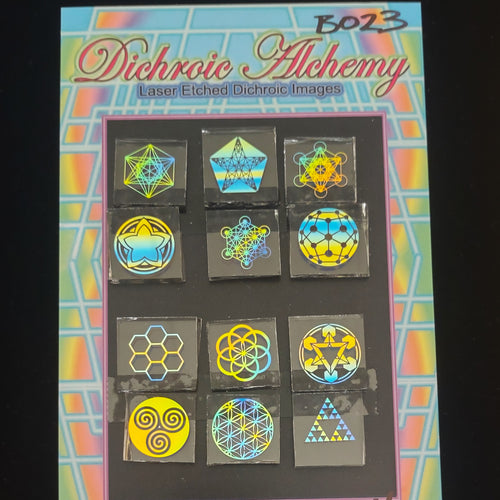 B023: Multicolor Sacred Geometry 3/4 inch Boroimage Themepack COE33 Laser Etched Images for Flameworking.