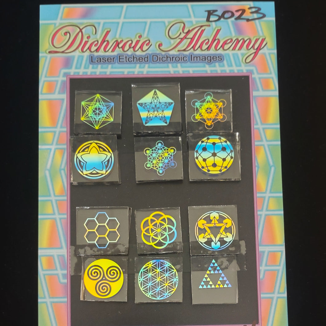 B023: Multicolor Sacred Geometry 3/4 inch Boroimage Themepack COE33 Laser Etched Images for Flameworking.