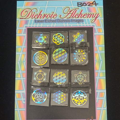 B024: Multicolor Sacred Geometry 3/4 inch Boroimage Themepack COE33 Laser Etched Images for Flameworking.