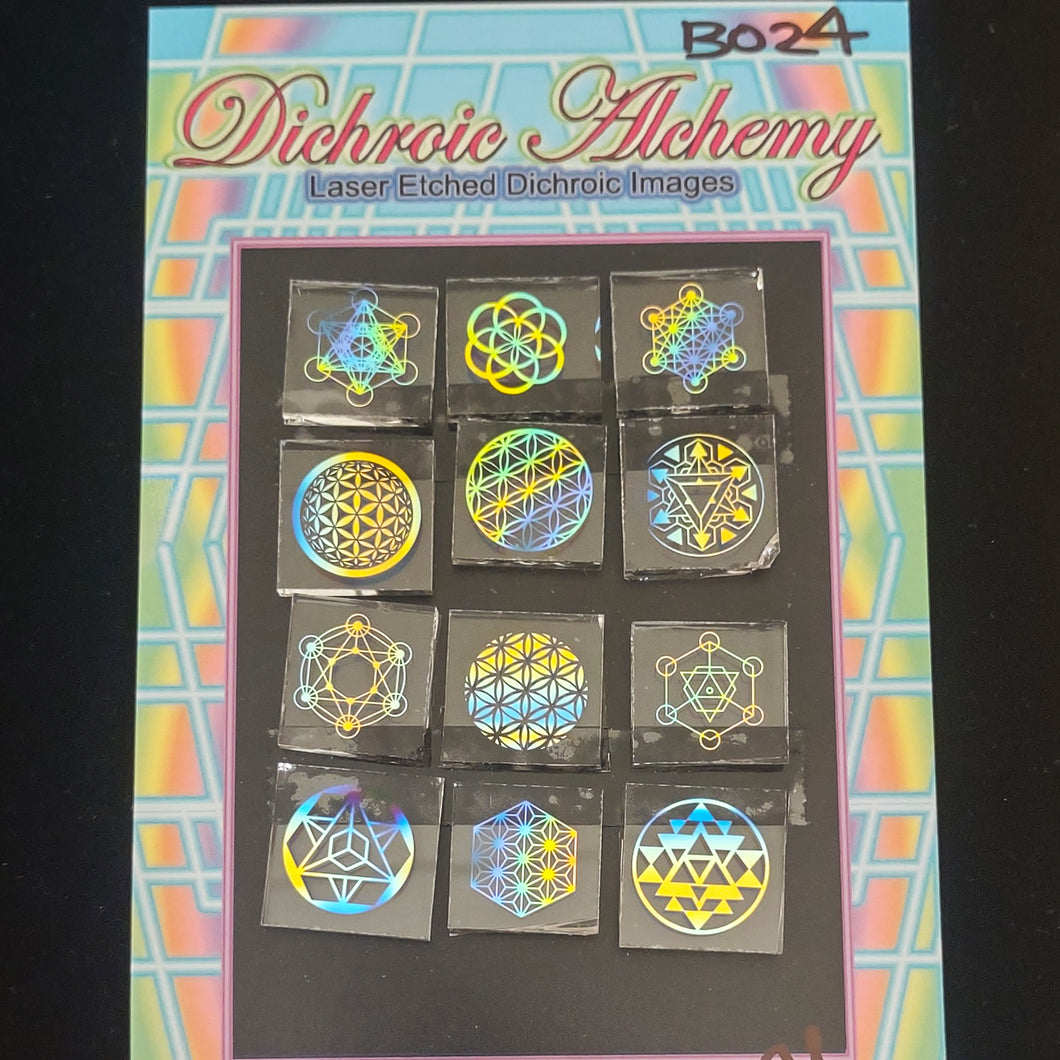 B024: Multicolor Sacred Geometry 3/4 inch Boroimage Themepack COE33 Laser Etched Images for Flameworking.