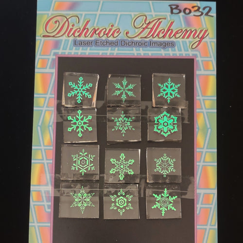 B032: Snowflake Mix 3/4 inch Boroimage Themepack COE33 Laser Etched Images for Flameworking.