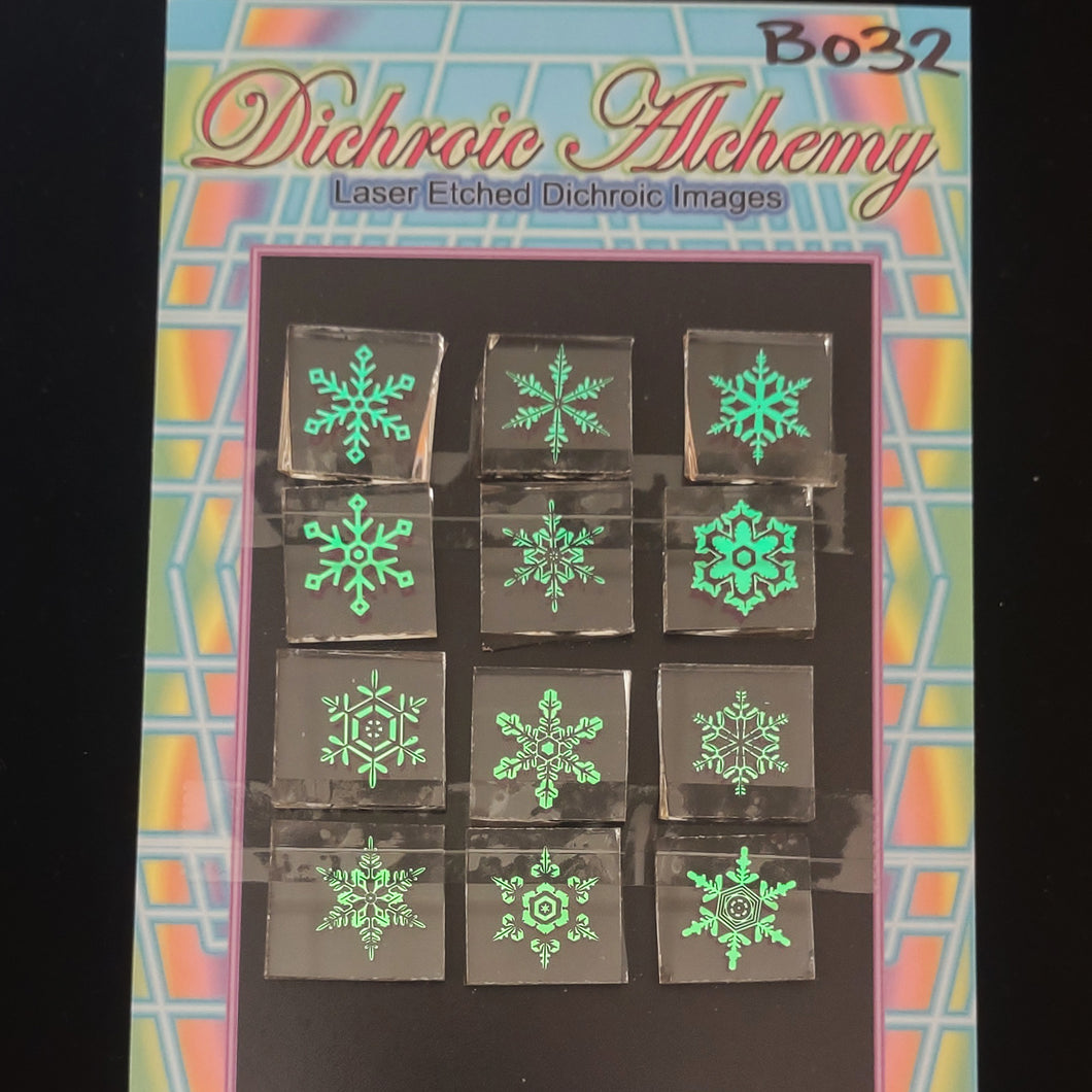 B032: Snowflake Mix 3/4 inch Boroimage Themepack COE33 Laser Etched Images for Flameworking.
