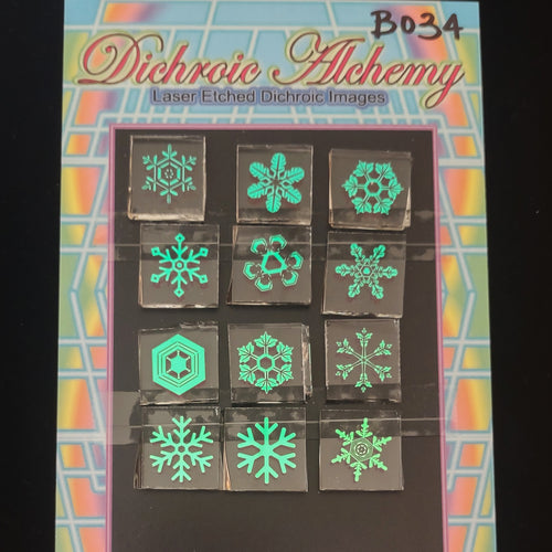B034: Snowflake Mix 3/4 inch Boroimage Themepack COE33 Laser Etched Images for Flameworking.