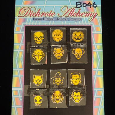 B046: Halloween Assortment : 3/4 inch Boroimage Themepack COE33 Laser Etched Images for Flameworking.