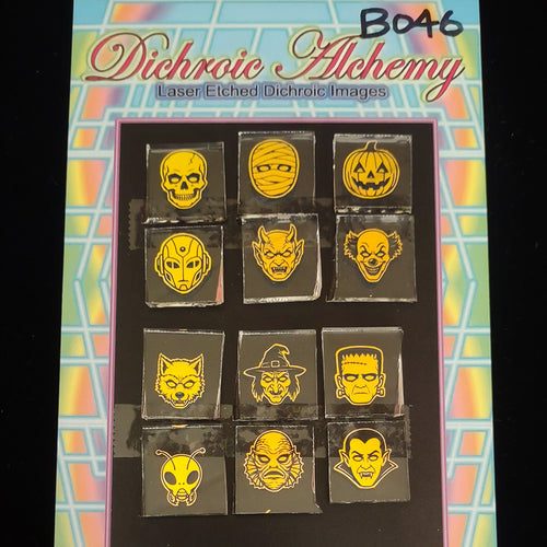 B046: Halloween Assortment : 3/4 inch Boroimage Themepack COE33 Laser Etched Images for Flameworking.