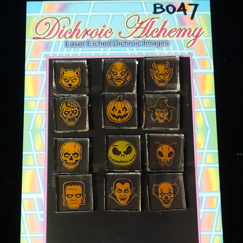 B047: Halloween Assortment : 3/4 inch Boroimage Themepack COE33 Laser Etched Images for Flameworking.