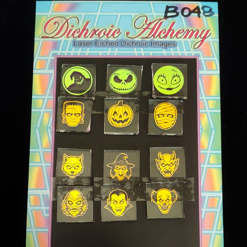 B048: Halloween Assortment : 3/4 inch Boroimage Themepack COE33 Laser Etched Images for Flameworking.