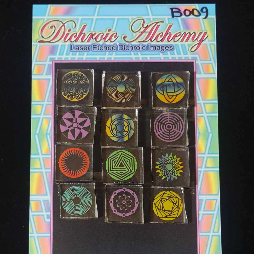 B009: Radial Geometry Mix. 1/2 inch Boroimage Themepack COE33 Laser Etched Images for Flameworking.
